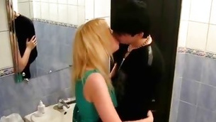 Blonde messy chick is getting her hugged and kissed in the baths