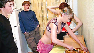 Smart girls are seducing two dudes with a tasty pizza and half naked bodies
